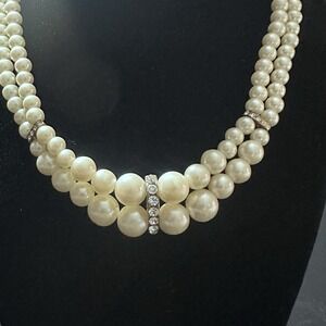Vintage‎ 2 Double Strand Faux Pearl Rhinestone Necklace Choker Ornate Box Clasp